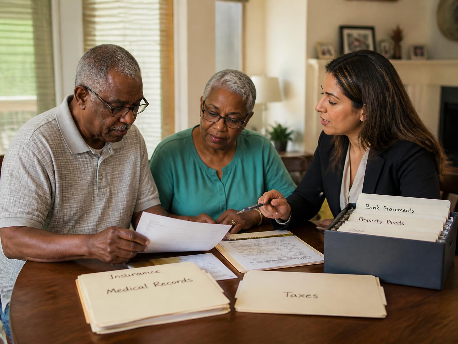 An older Black couple at a home table with a Latina document specialist, sorting important family papers into labeled folders and a file box.