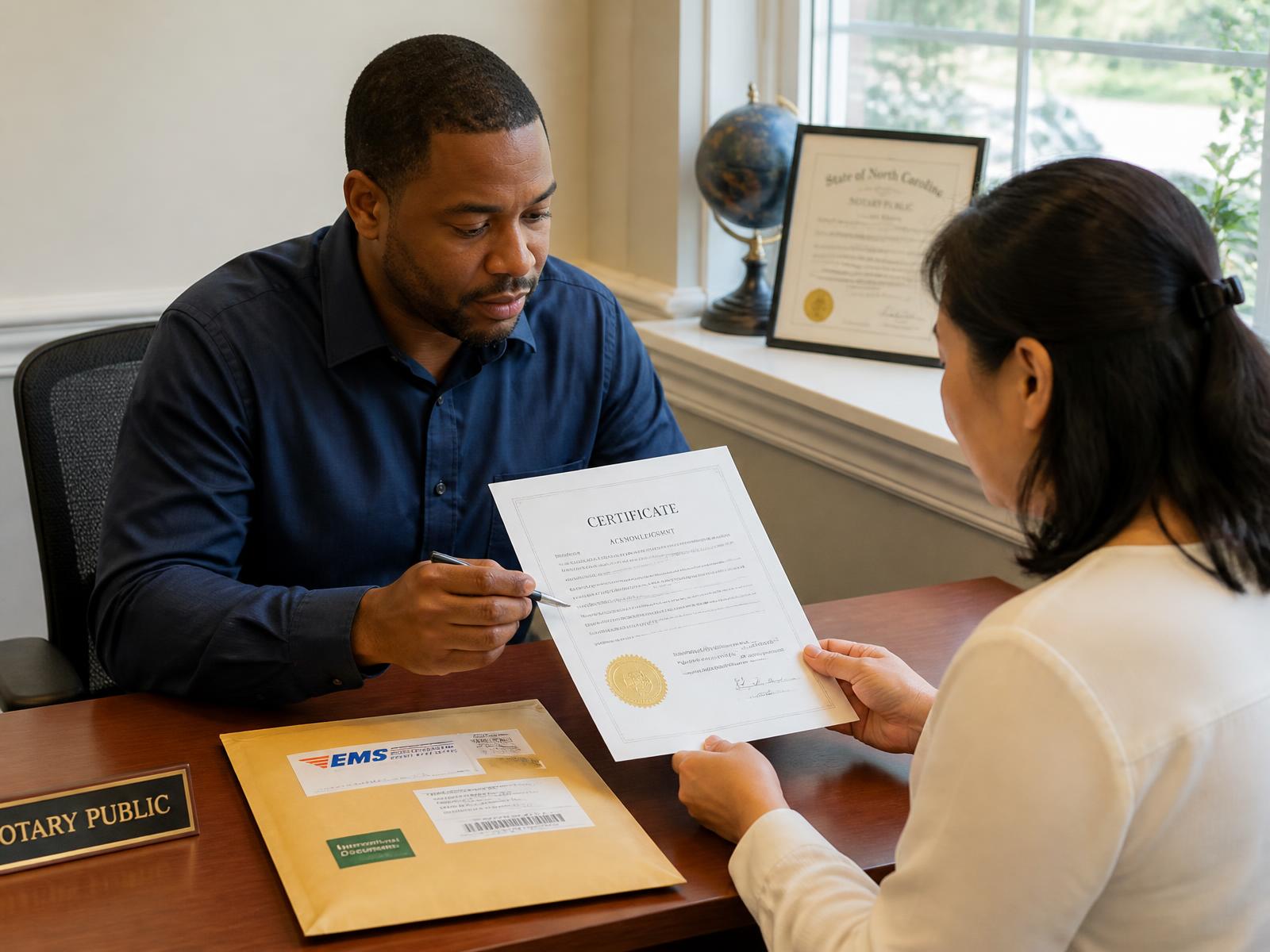 A Black man in a navy shirt and an Asian woman client reviewing a sealed certificate at an office desk beside an addressed international mailing envelope