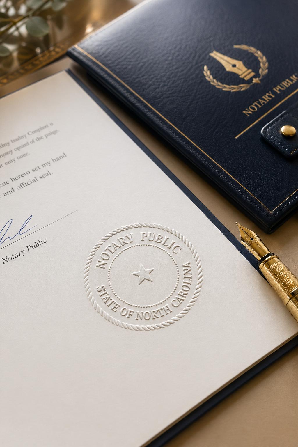 Organized documents with notary seal and pen on a desk