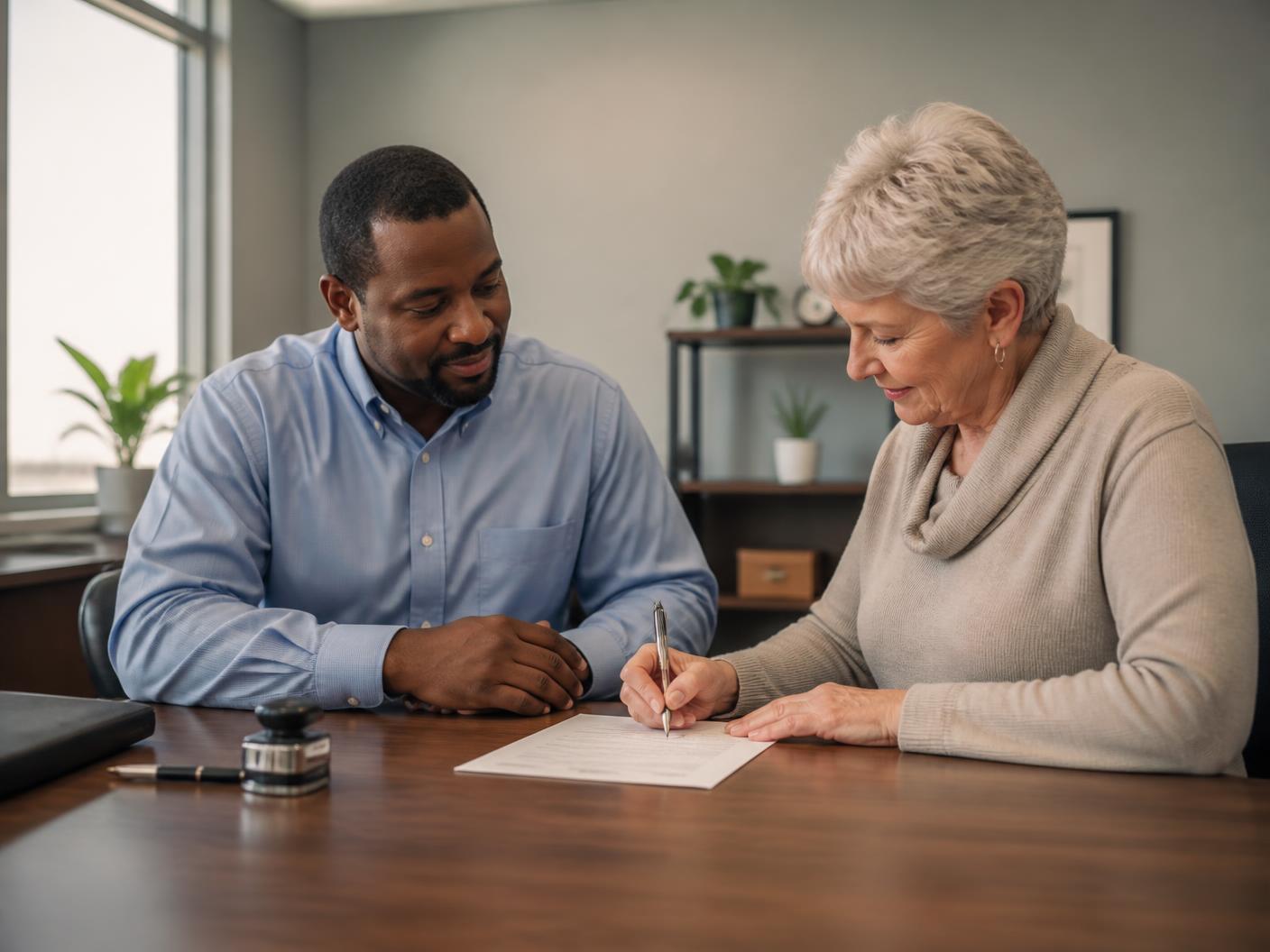 A notary public seated at a desk guiding a client through signing a document, with a notary stamp and journal nearby