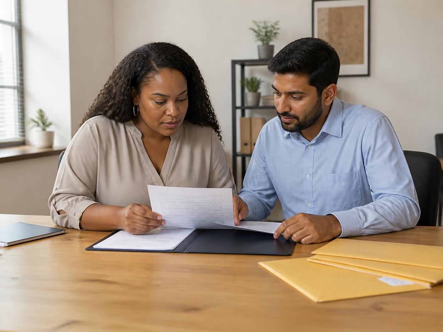 Two people at a desk reviewing a certified record request form alongside a stamped envelope ready for mailing