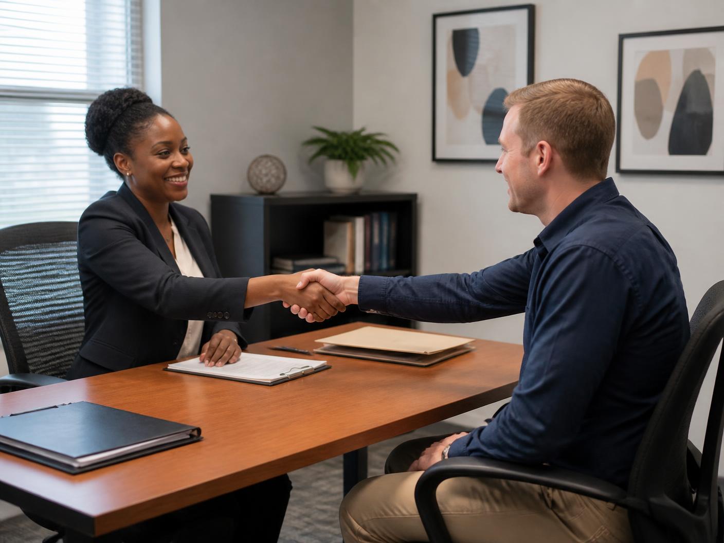 Two professionals shaking hands across a desk in a bright office