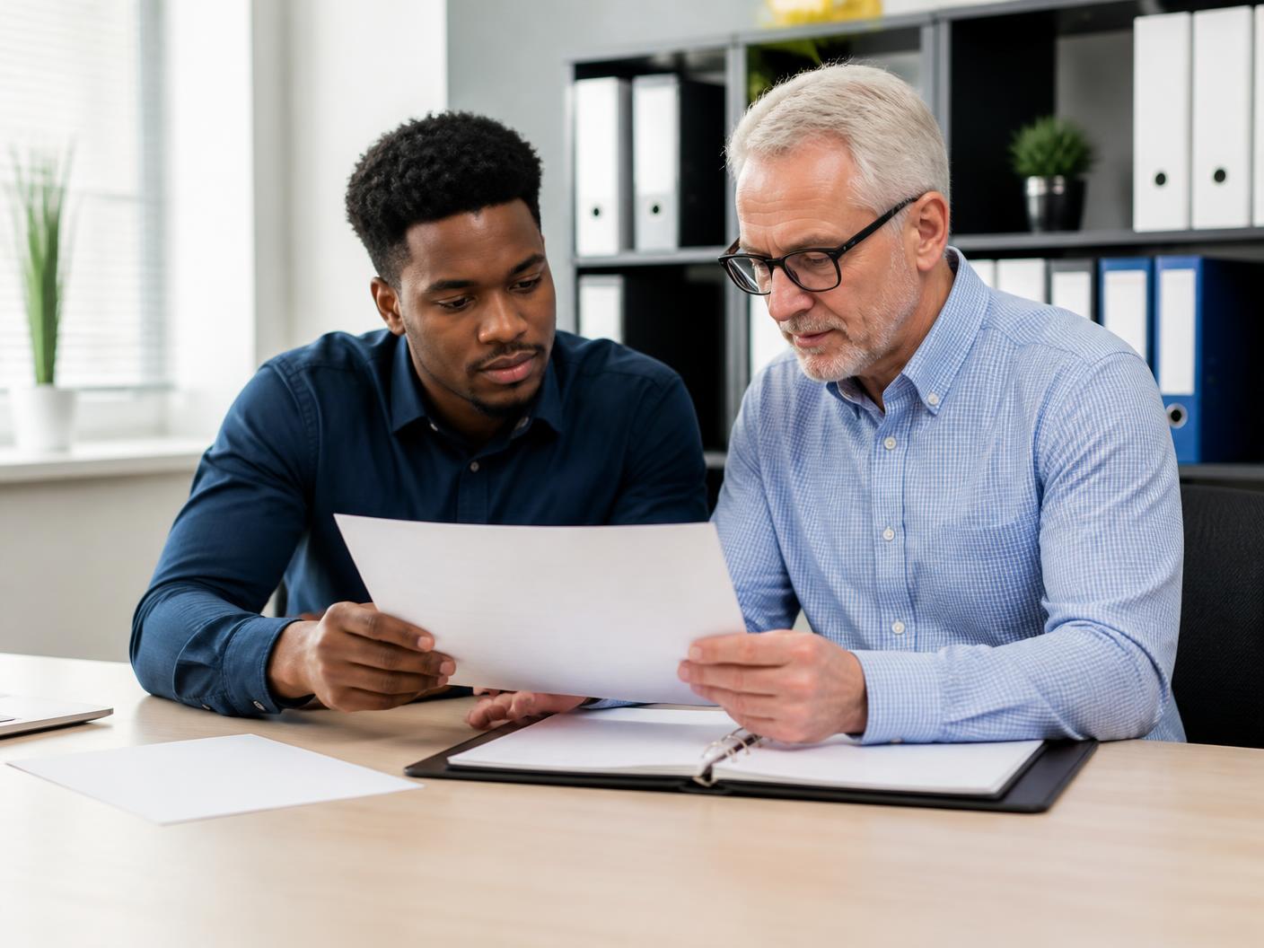 Two people reviewing a printed paperwork checklist together at a desk with labeled folders and a notebook