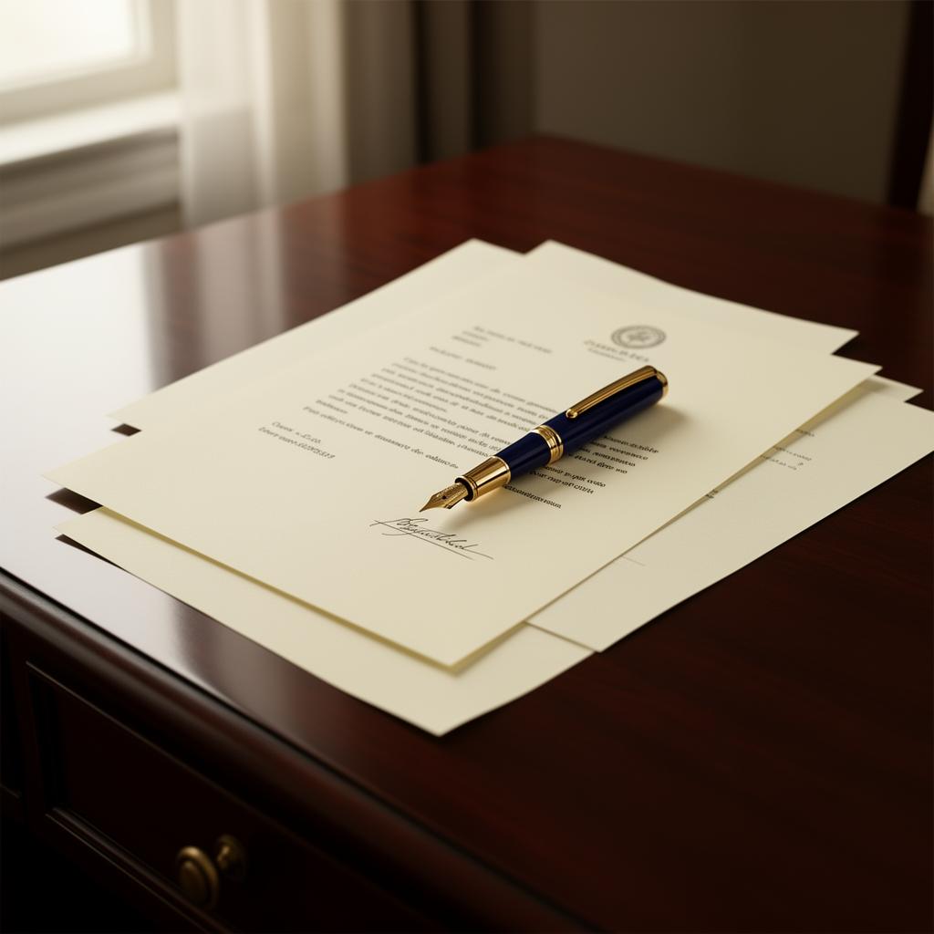 Impartial witness observing a document signing at a polished desk with a fountain pen